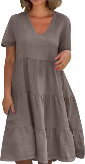 2025 Summer Dress for Women Cotton Linen Casual V Neck Short Sleeve Tiered Dress Swing Midi Dress A-Line Dresses