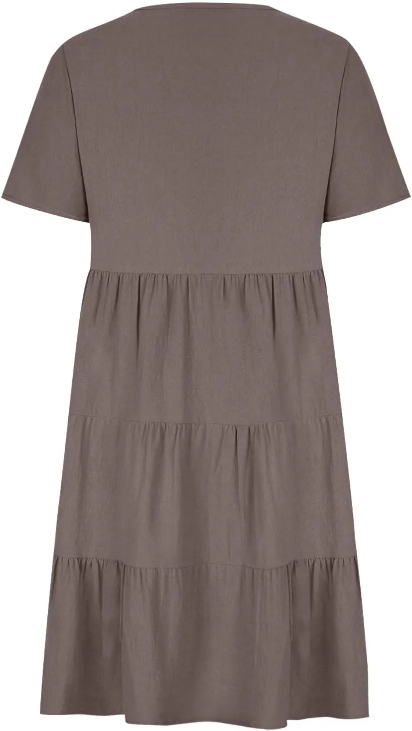 2025 Summer Dress for Women Cotton Linen Casual V Neck Short Sleeve Tiered Dress Swing Midi Dress A-Line Dresses