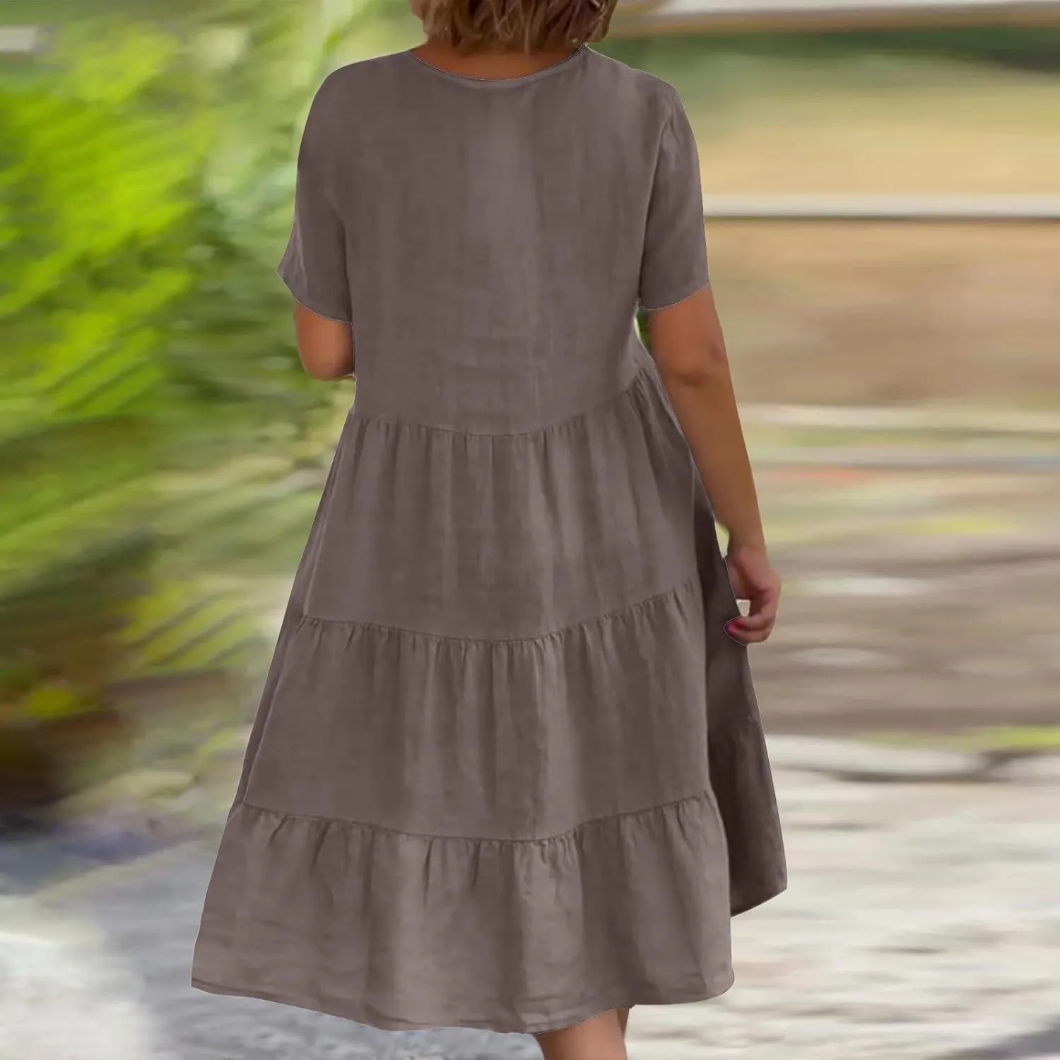 2025 Summer Dress for Women Cotton Linen Casual V Neck Short Sleeve Tiered Dress Swing Midi Dress A-Line Dresses
