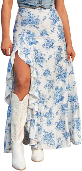 Apvirdy Women's Boho Floral High Waist Ruffle Split Maxi Skirts Printed Slim Fit Summer Flowy Long Skirt