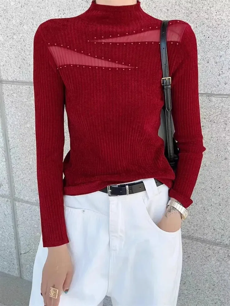 Autumn and Winter Slim-Fit Mesh Rhinestone Sweater for Woman High-Grade Mock Neck Sweater Knitted Inner Wear Top Female C-300