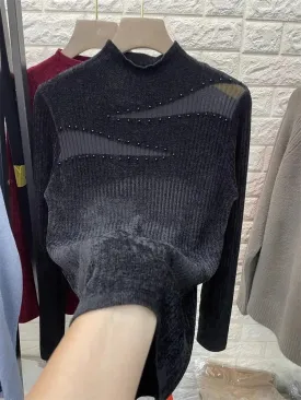 Autumn and Winter Slim-Fit Mesh Rhinestone Sweater for Woman High-Grade Mock Neck Sweater Knitted Inner Wear Top Female C-300
