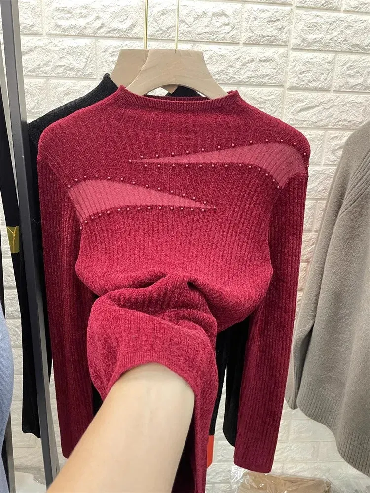 Autumn and Winter Slim-Fit Mesh Rhinestone Sweater for Woman High-Grade Mock Neck Sweater Knitted Inner Wear Top Female C-300