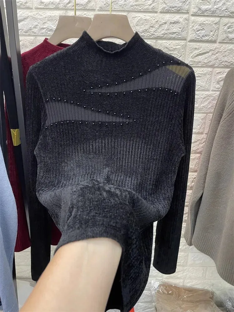 Autumn and Winter Slim-Fit Mesh Rhinestone Sweater for Woman High-Grade Mock Neck Sweater Knitted Inner Wear Top Female C-300