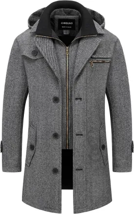 Chrisuno Men's Classic Long Pea Coat Warm Wool Blend Winter Trench Coat Single Breasted Overcoat with Detachable Collar