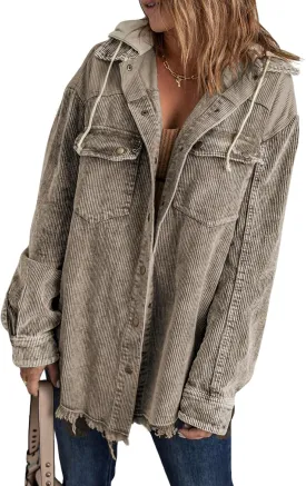 Dokotoo Womens 2024 Fall Corduroy Shacket Jacket Long Sleeve Button Down Color Block Hooded Coat with Pockets