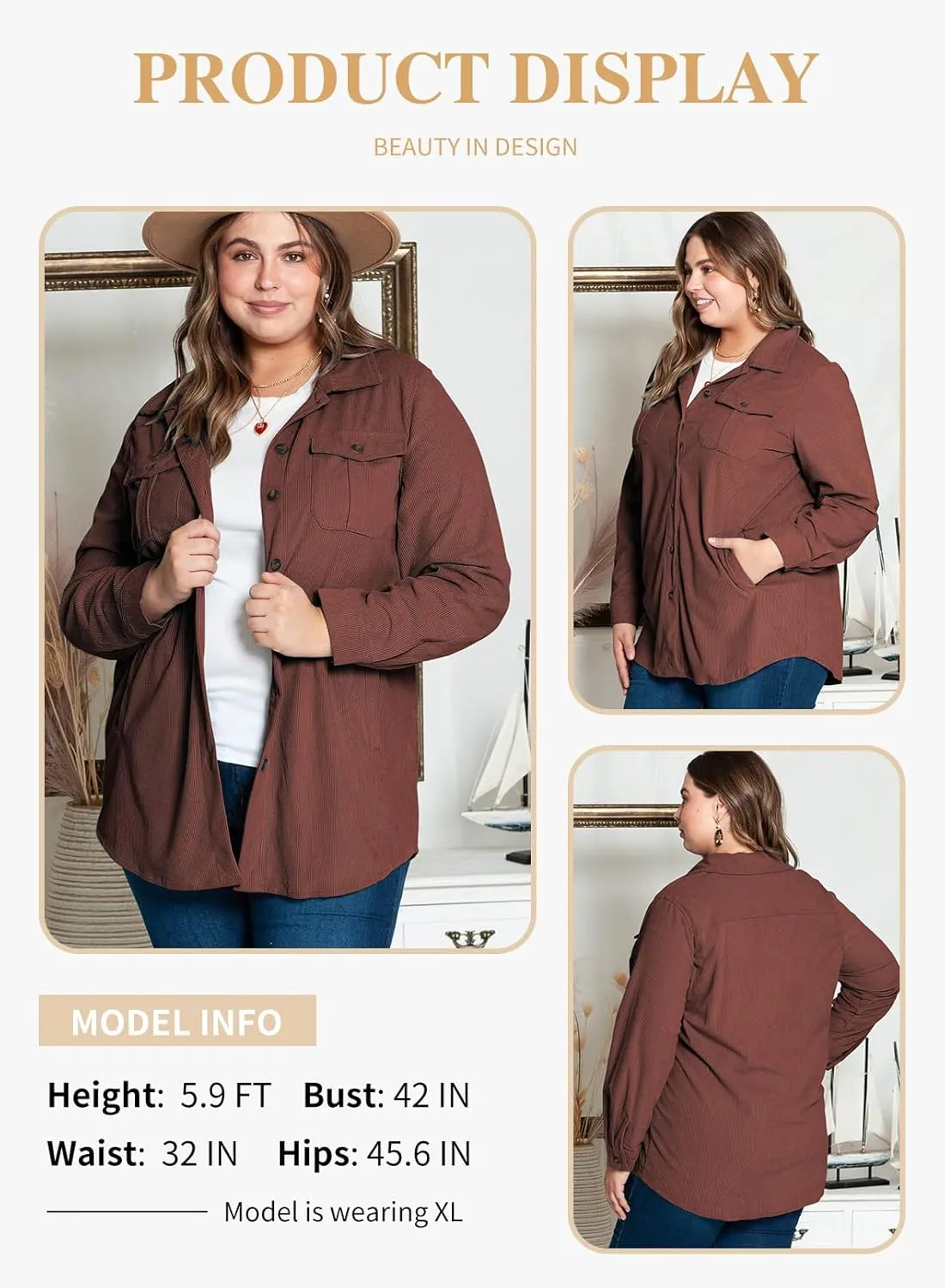 Eytino Womens Plus Size Long Sleeve Button Down Boyfriend Shirts Casual Plaid Shacket Jacket Coats(1X-5X)