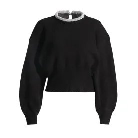 Fashion Diamonds Solid Sweater For Women Round Neck Long Sleeve Minimalist Casual Sweaters Female Clothing Autumn
