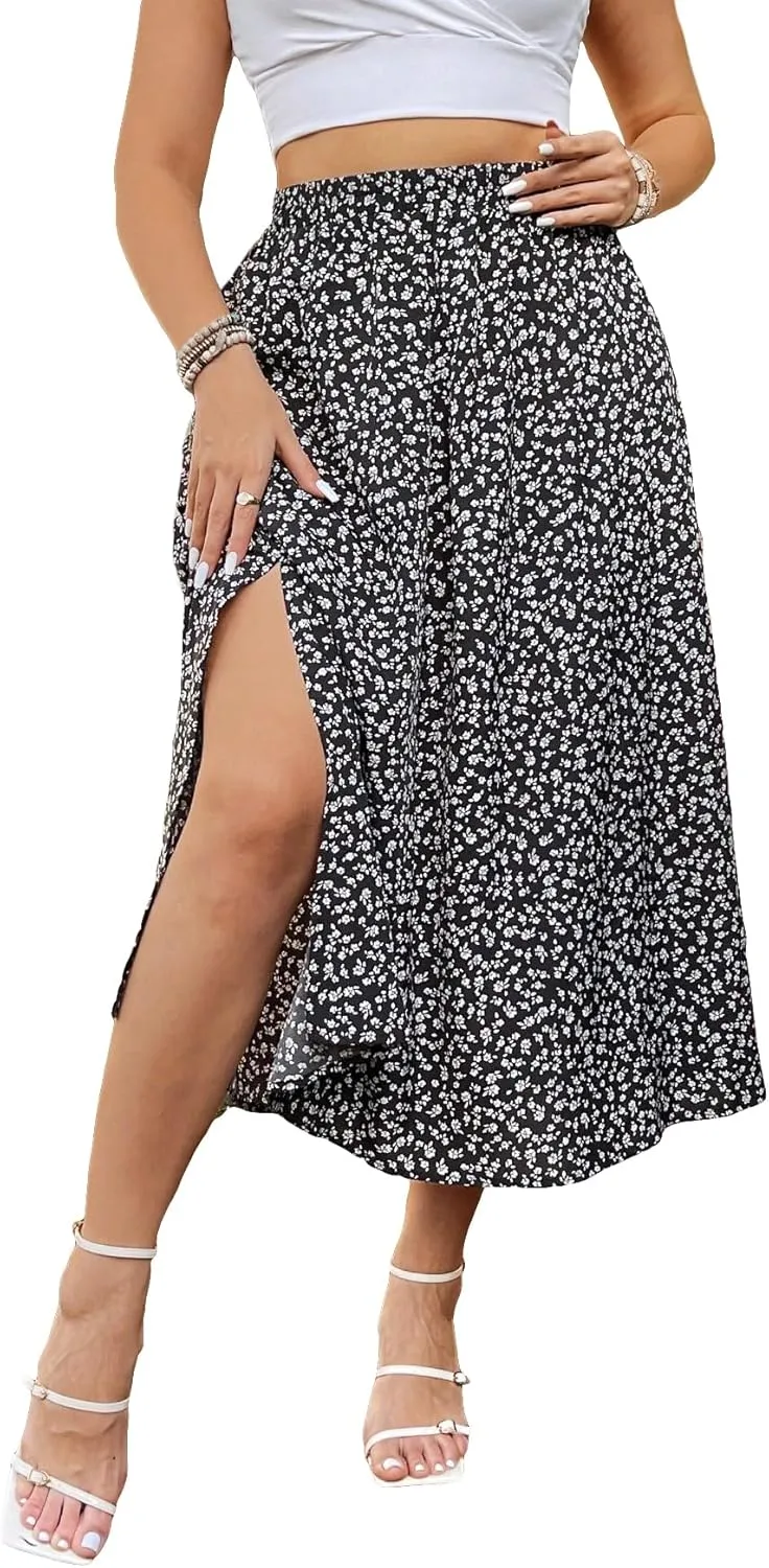 Floerns Women's Plus Size Boho Floral High Waist Split Thigh A Line Midi Skirt