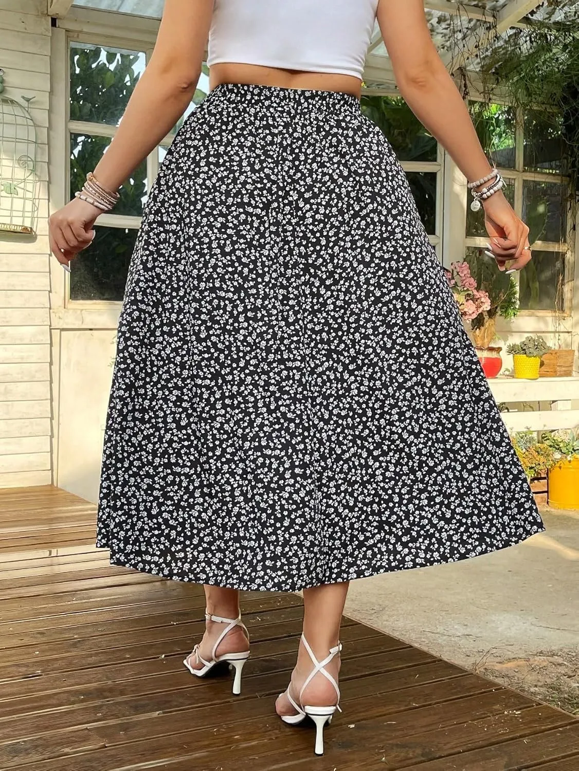 Floerns Women's Plus Size Boho Floral High Waist Split Thigh A Line Midi Skirt