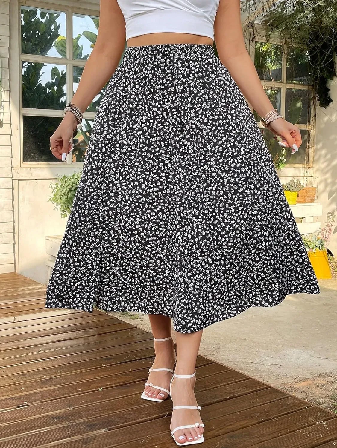 Floerns Women's Plus Size Boho Floral High Waist Split Thigh A Line Midi Skirt