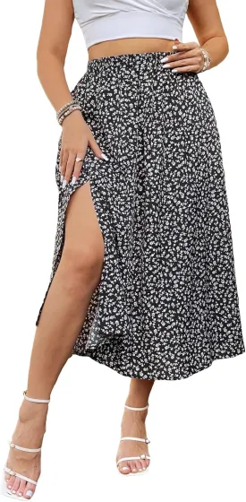 Floerns Women's Plus Size Boho Floral High Waist Split Thigh A Line Midi Skirt