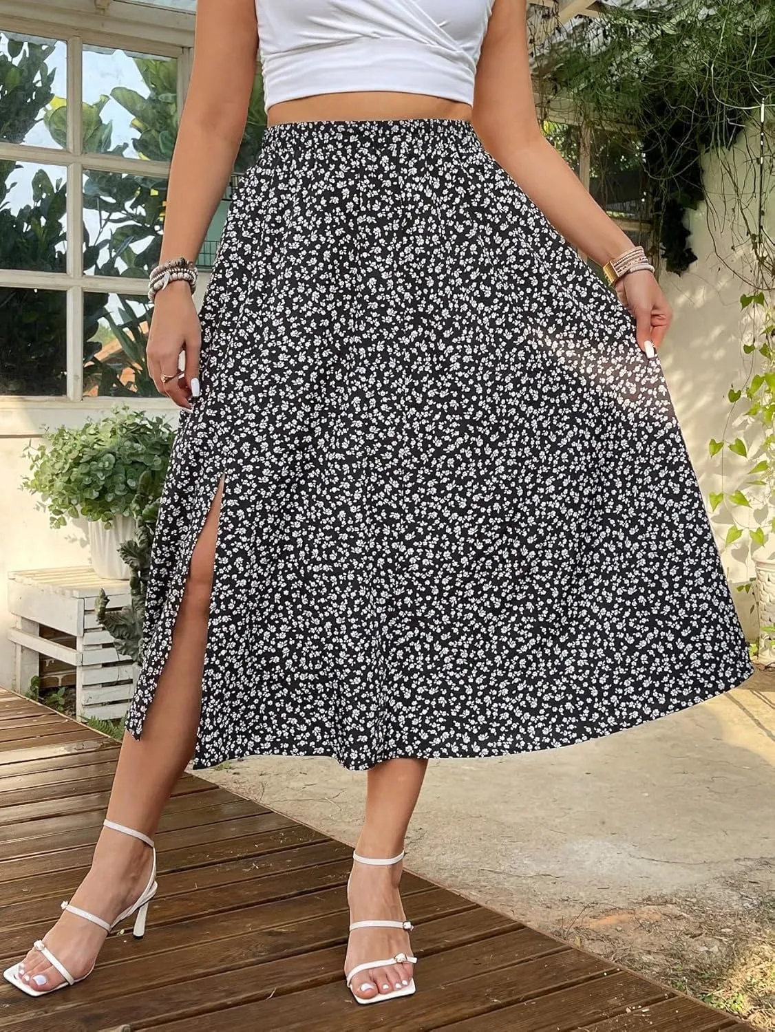 Floerns Women's Plus Size Boho Floral High Waist Split Thigh A Line Midi Skirt