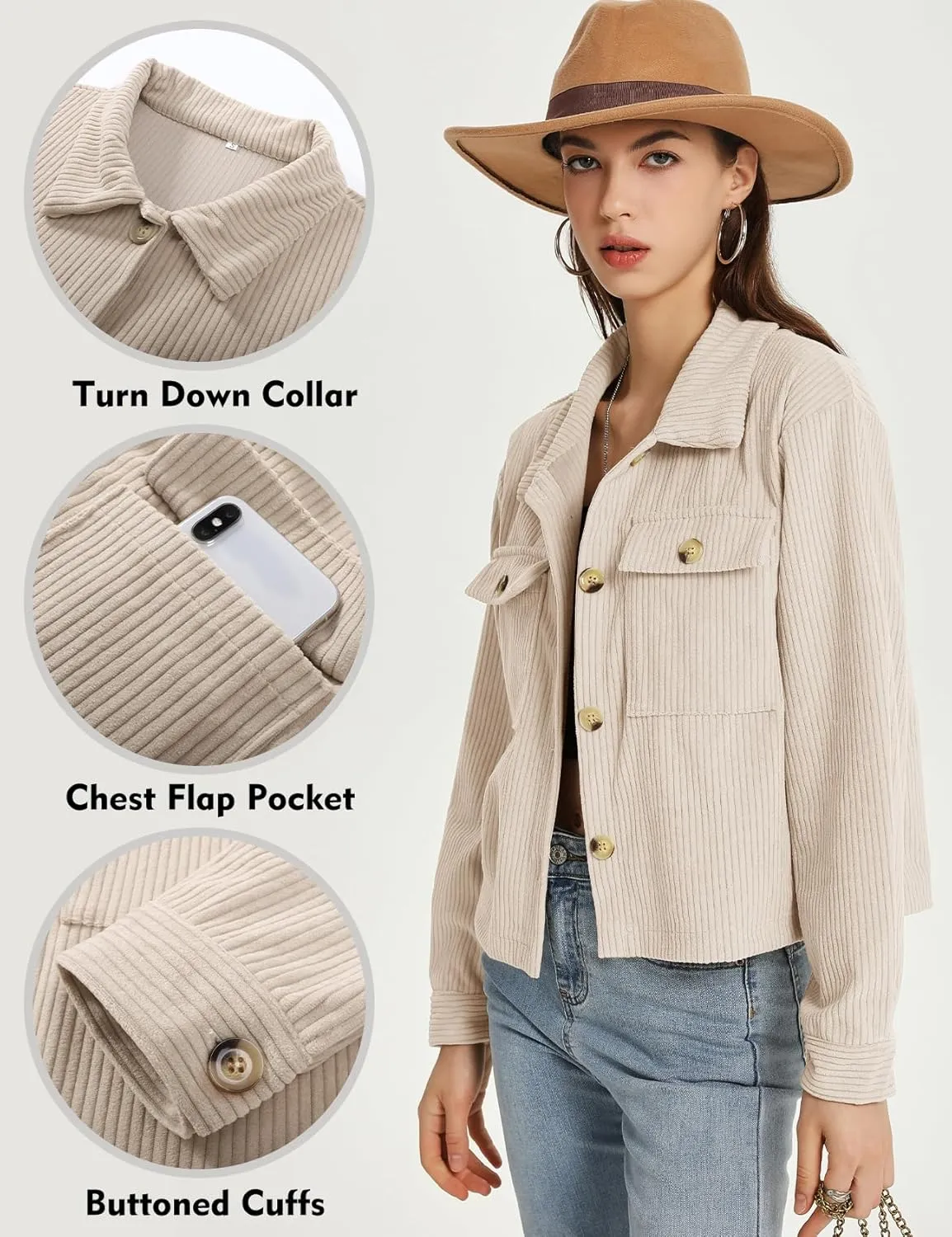 Flygo Womens Fashion Cropped Jacket Corduroy Button Down Shirt Shacket Jackets Lightweight Spring Jackets 2025 Trendy