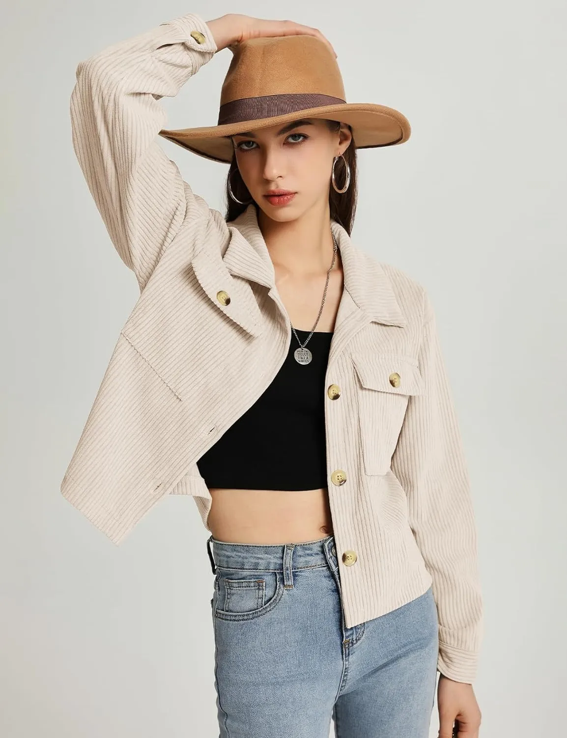 Flygo Womens Fashion Cropped Jacket Corduroy Button Down Shirt Shacket Jackets Lightweight Spring Jackets 2025 Trendy