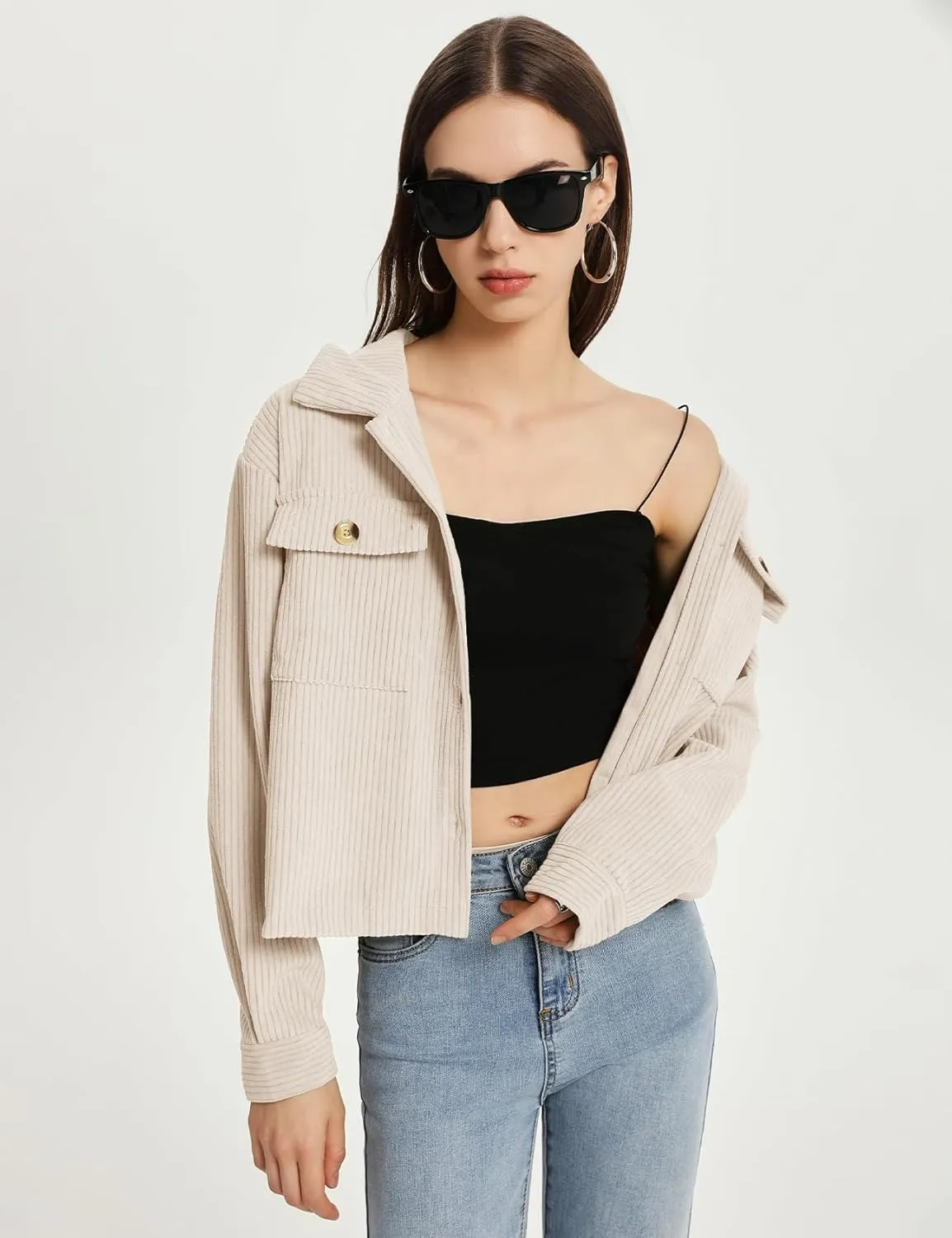 Flygo Womens Fashion Cropped Jacket Corduroy Button Down Shirt Shacket Jackets Lightweight Spring Jackets 2025 Trendy