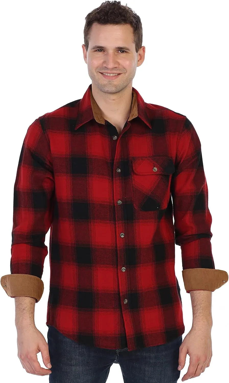 Gioberti Men's Brushed Flannel 100% Cotton Plaid Checkered Shirt with Corduroy Contrast