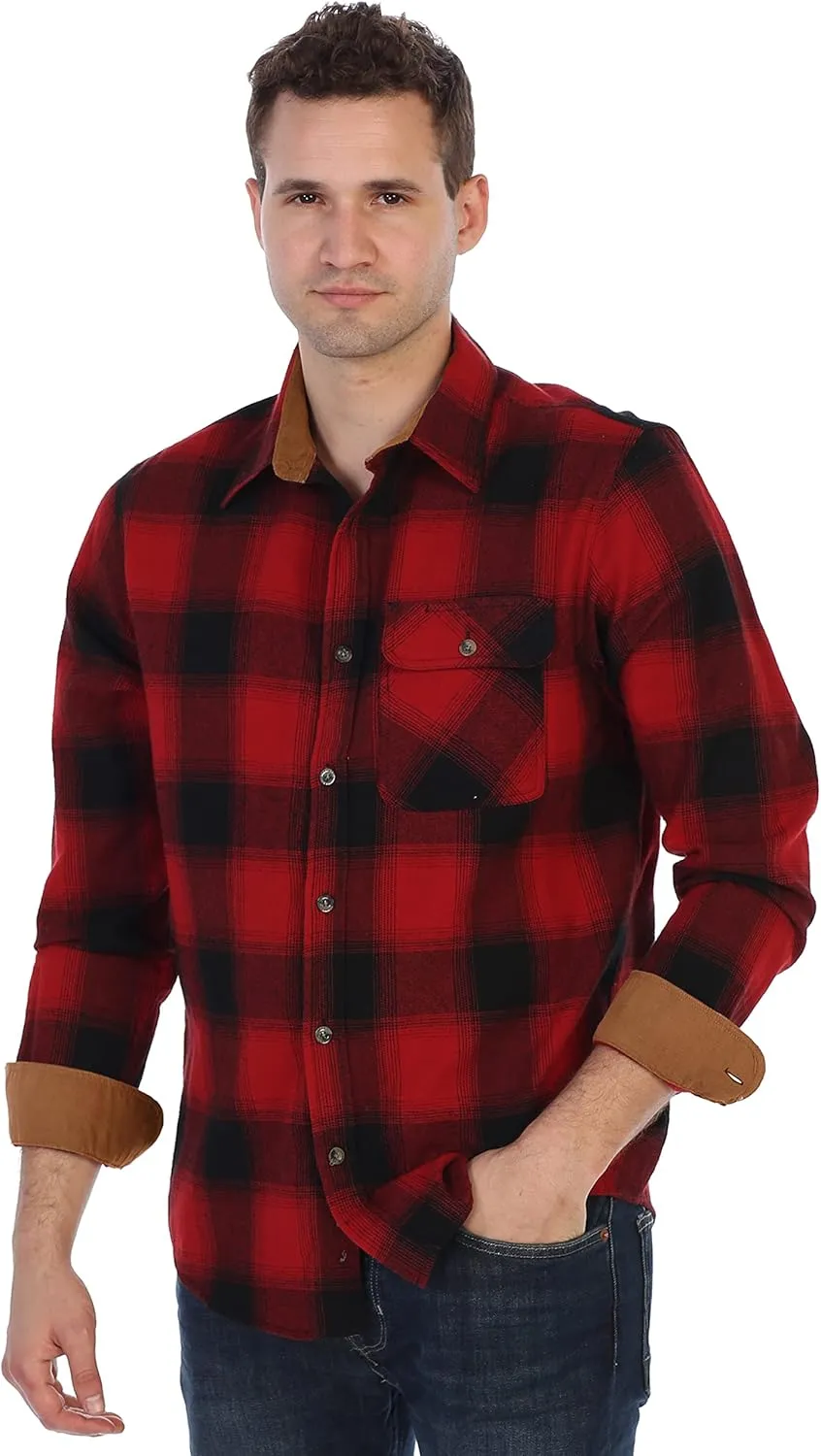 Gioberti Men's Brushed Flannel 100% Cotton Plaid Checkered Shirt with Corduroy Contrast