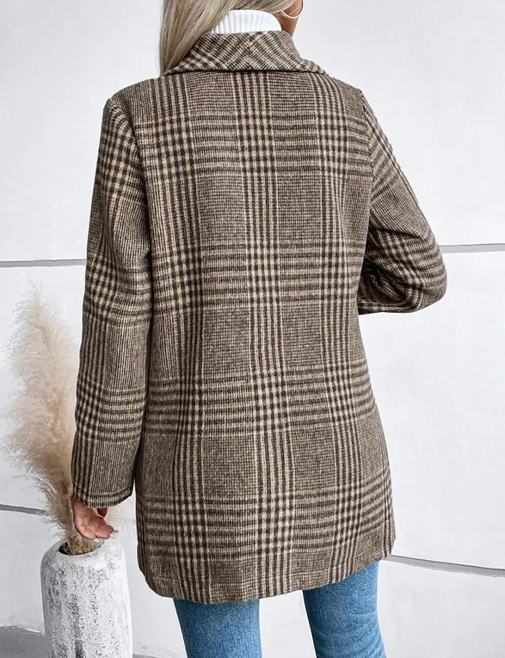 IDEALSANXUN Long Wool Plaid Blazer for Women Fall Outfits Winter Trench Coat Long Sleeve Casual Dressy Lapel Jacket Peacoat