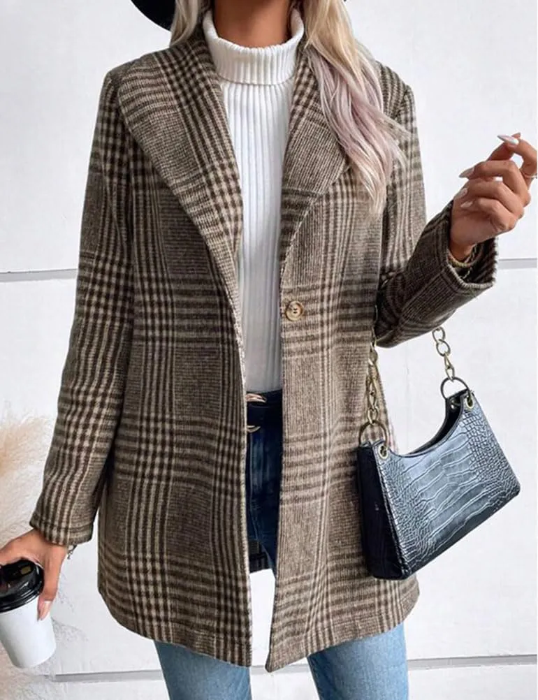 IDEALSANXUN Long Wool Plaid Blazer for Women Fall Outfits Winter Trench Coat Long Sleeve Casual Dressy Lapel Jacket Peacoat
