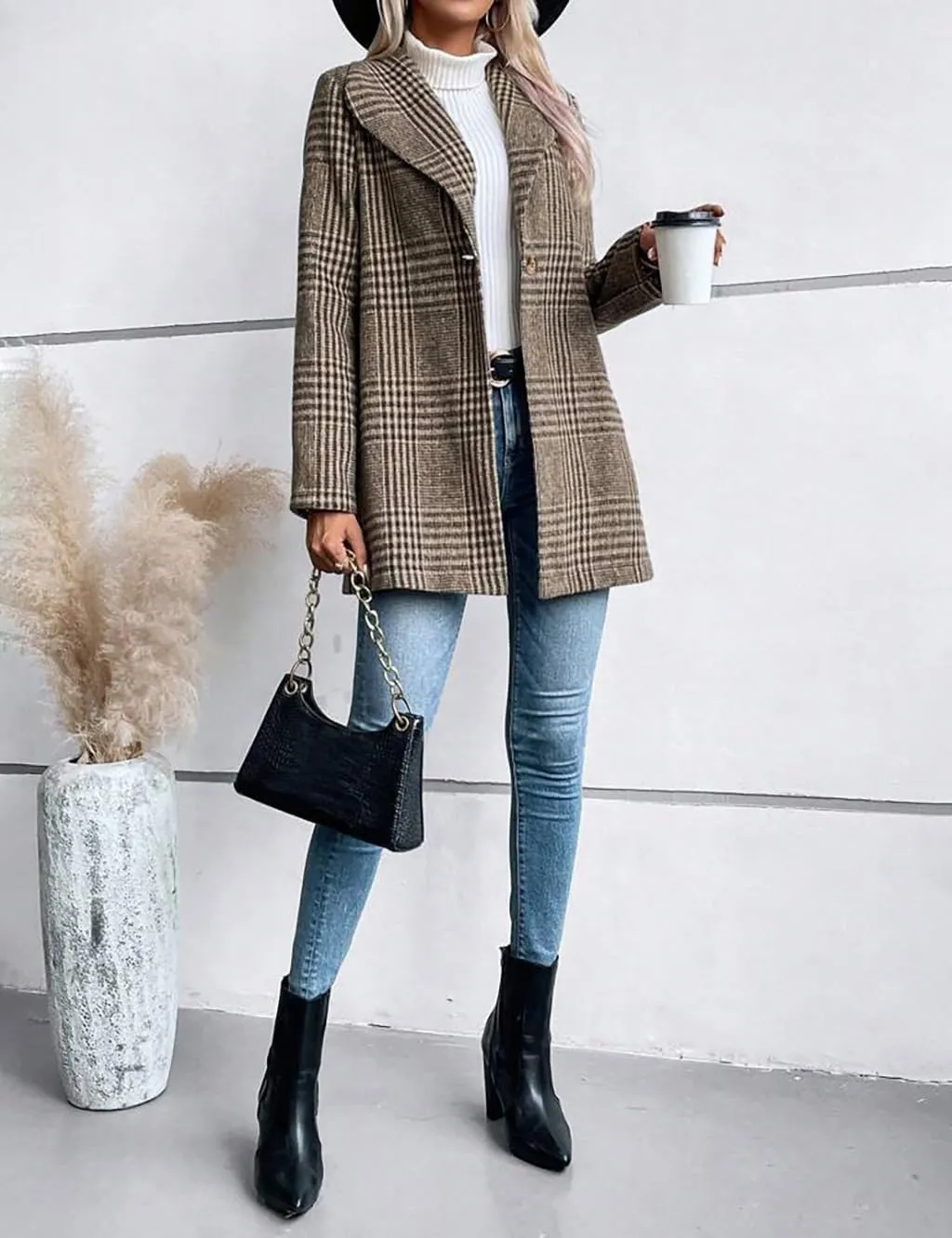 IDEALSANXUN Long Wool Plaid Blazer for Women Fall Outfits Winter Trench Coat Long Sleeve Casual Dressy Lapel Jacket Peacoat
