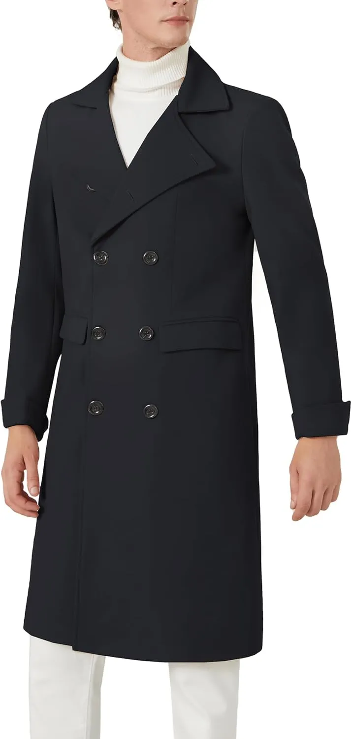 INVACHI Men's Wool Blend Long Trench Coat Notched Collar Single Breasted Overcoat Warm Winter Pea Coat