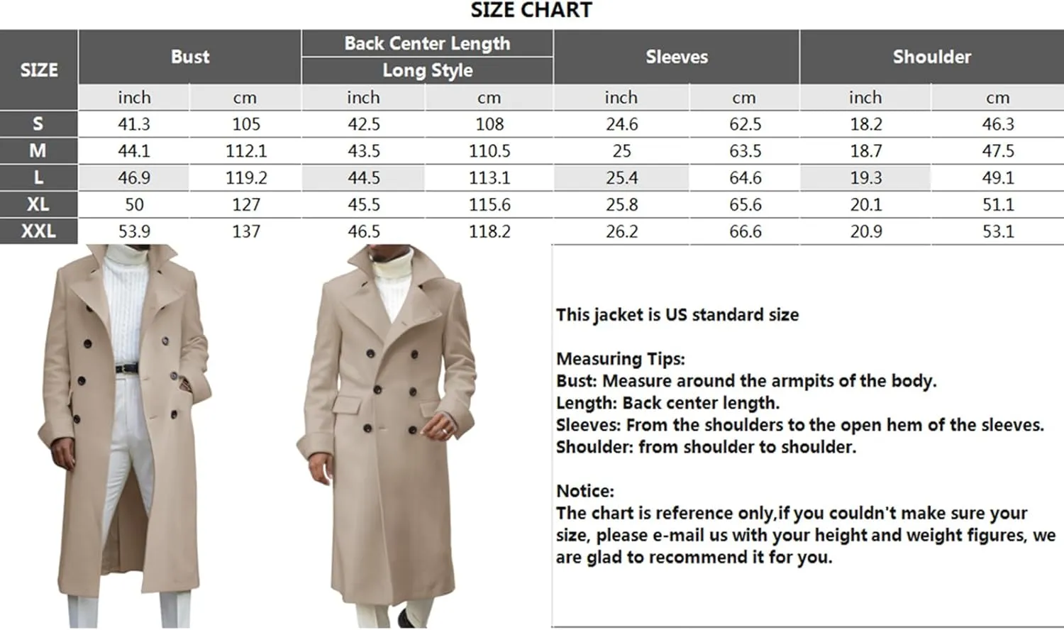 INVACHI Men's Wool Blend Long Trench Coat Notched Collar Single Breasted Overcoat Warm Winter Pea Coat