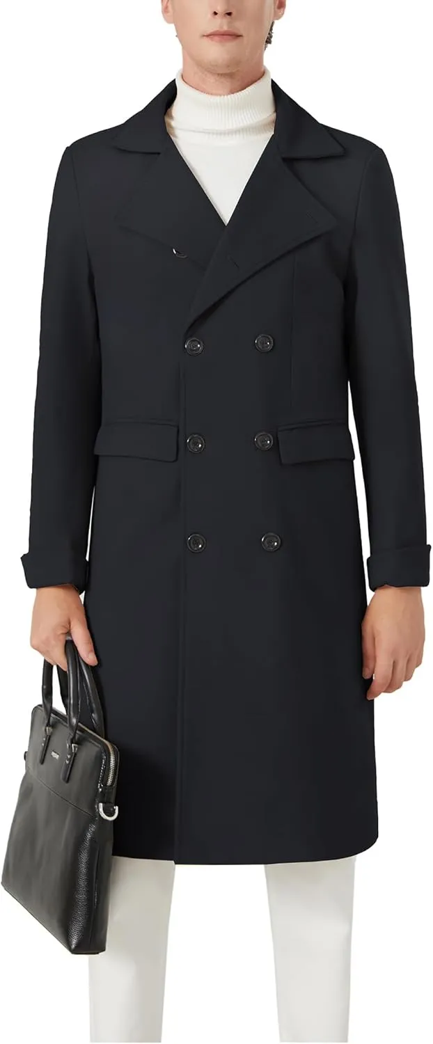 INVACHI Men's Wool Blend Long Trench Coat Notched Collar Single Breasted Overcoat Warm Winter Pea Coat