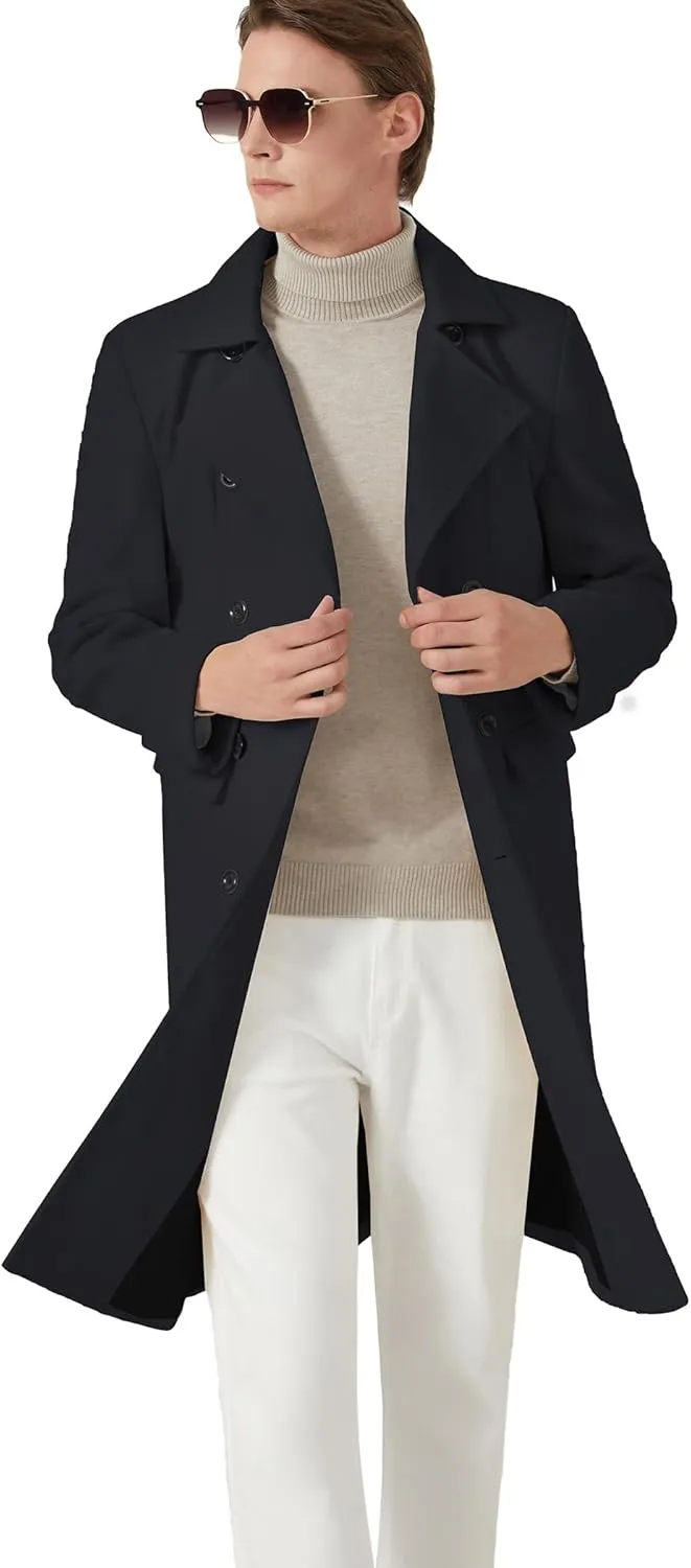INVACHI Men's Wool Blend Long Trench Coat Notched Collar Single Breasted Overcoat Warm Winter Pea Coat