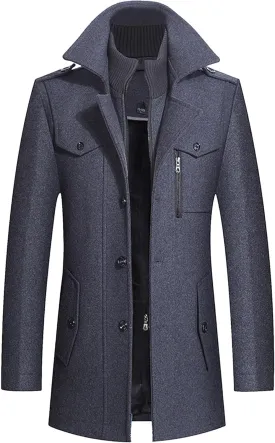 JEKE-DG Men's Winter Warm Wool Coats Slim Fit Single Breasted Trench Jacket Windproof Classic Overcoat Zipper Coat