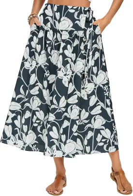 Kate Kasin Womens Summer Boho Maxi Skirt Floral Elastic High Waisted A Line Tie Flowy Long Skirts with Pockets 2025