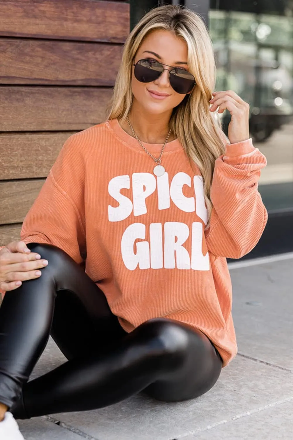 KevaMolly Womens Long Sleeve Tops Ribbed Corduroy Oversized Sweatshirt Round Neck Casual Sweatshirt