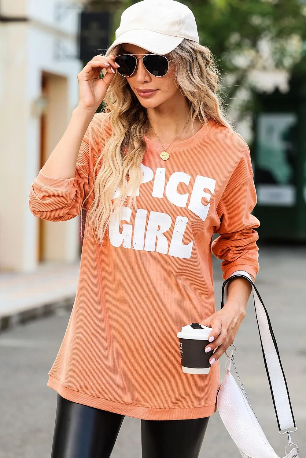 KevaMolly Womens Long Sleeve Tops Ribbed Corduroy Oversized Sweatshirt Round Neck Casual Sweatshirt