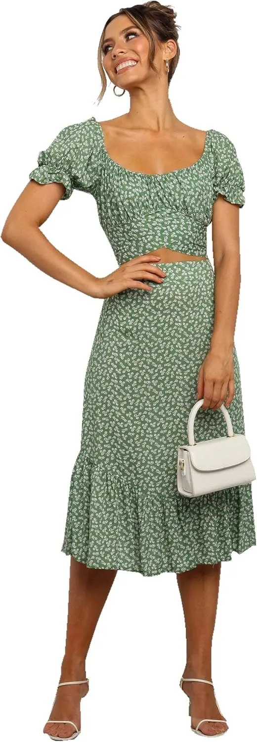 LYANER Women's 2 Piece Outfits Floral Self Tie Knot Crop Top and Midi Skirt Set