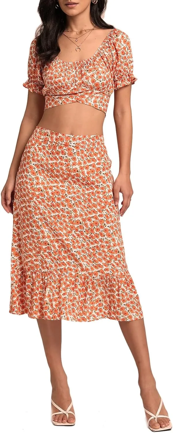 LYANER Women's 2 Piece Outfits Floral Self Tie Knot Crop Top and Midi Skirt Set