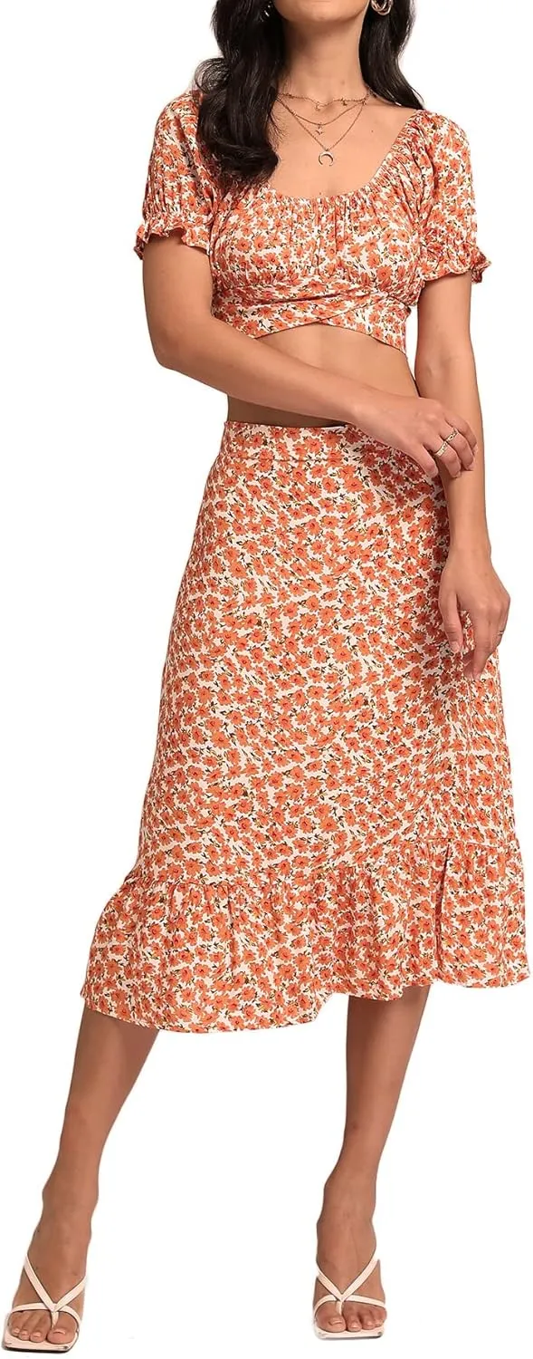LYANER Women's 2 Piece Outfits Floral Self Tie Knot Crop Top and Midi Skirt Set