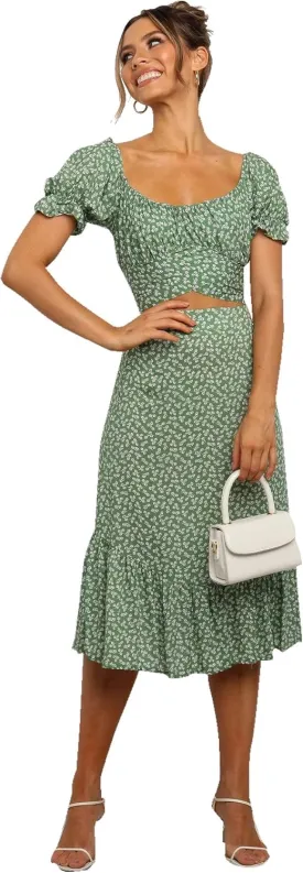 LYANER Women's 2 Piece Outfits Floral Self Tie Knot Crop Top and Midi Skirt Set