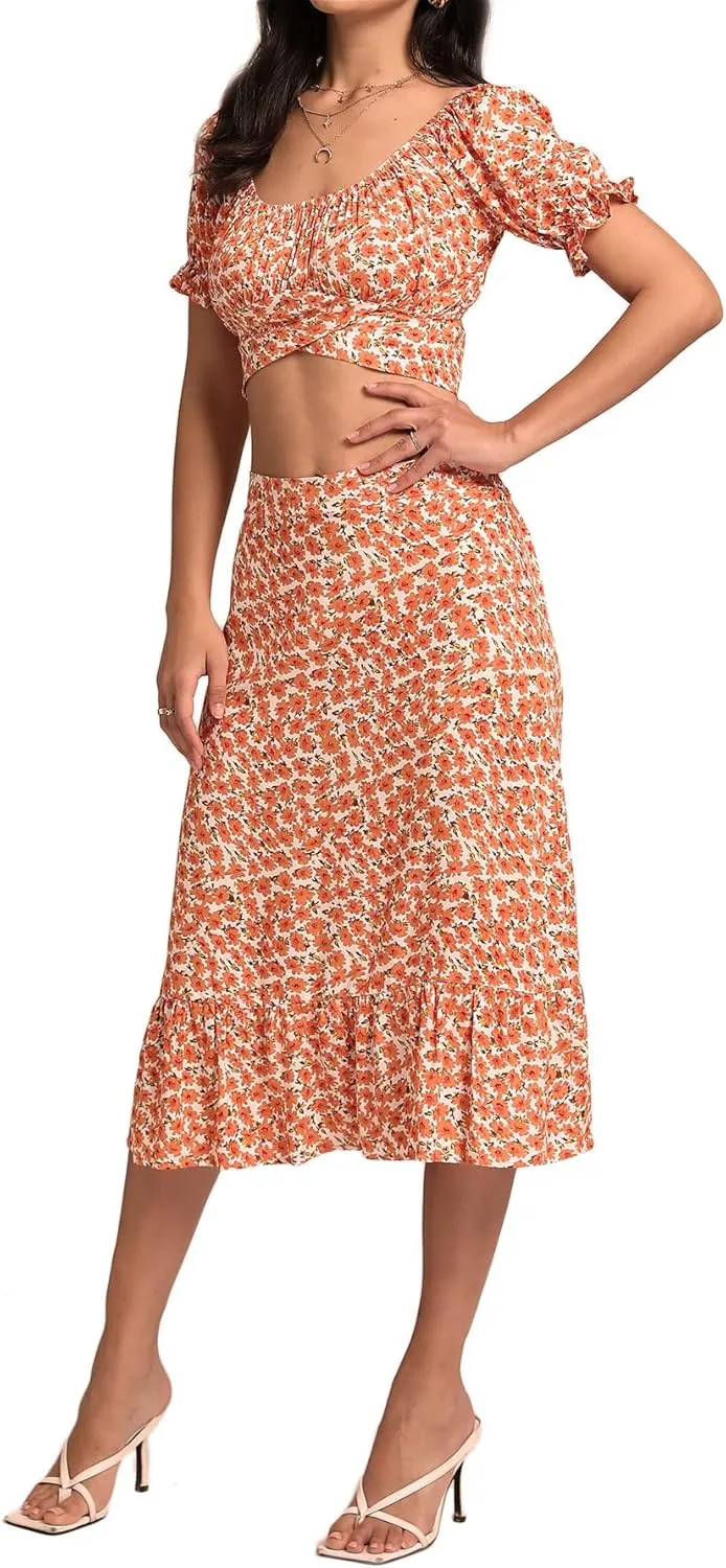 LYANER Women's 2 Piece Outfits Floral Self Tie Knot Crop Top and Midi Skirt Set