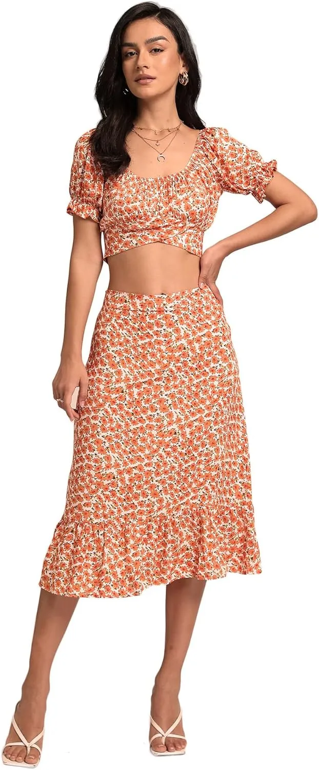 LYANER Women's 2 Piece Outfits Floral Self Tie Knot Crop Top and Midi Skirt Set