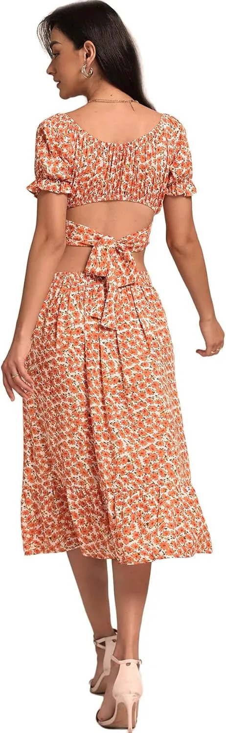 LYANER Women's 2 Piece Outfits Floral Self Tie Knot Crop Top and Midi Skirt Set
