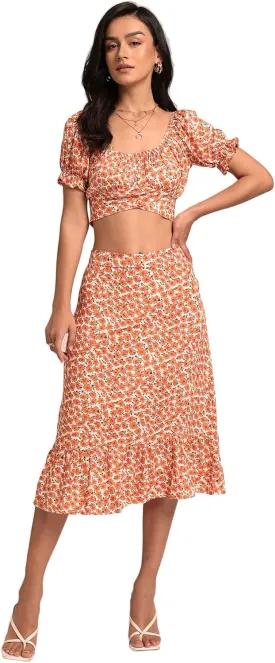 LYANER Women's 2 Piece Outfits Floral Self Tie Knot Crop Top and Midi Skirt Set
