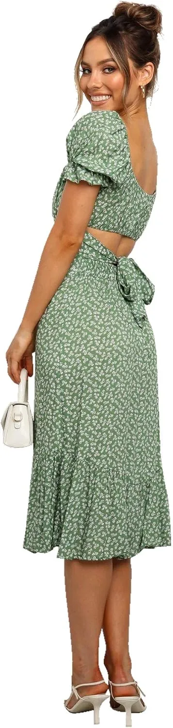 LYANER Women's 2 Piece Outfits Floral Self Tie Knot Crop Top and Midi Skirt Set