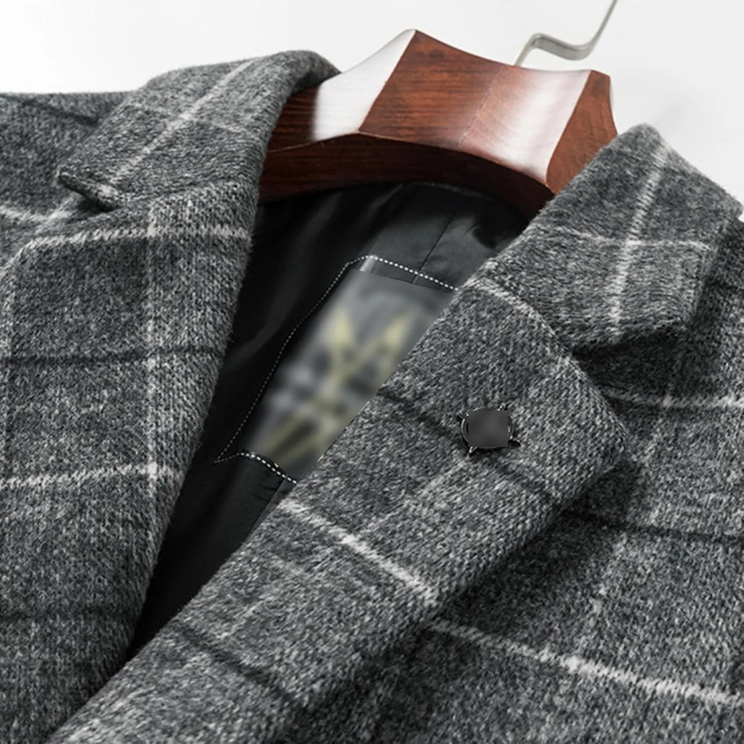 Maiyifu-GJ Mens Plaid Trench Coat Winter Single Breasted Wool Blend Top Pea Coat Classic Stylish Business Overcoat