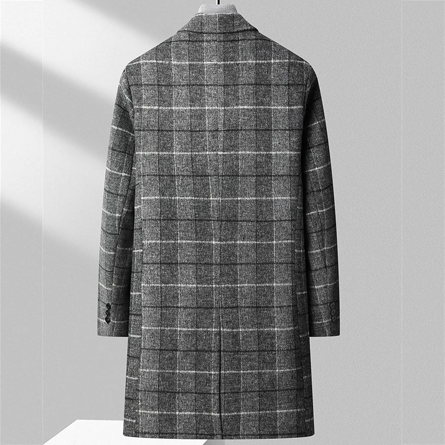 Maiyifu-GJ Mens Plaid Trench Coat Winter Single Breasted Wool Blend Top Pea Coat Classic Stylish Business Overcoat