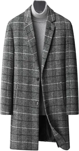 Maiyifu-GJ Mens Plaid Trench Coat Winter Single Breasted Wool Blend Top Pea Coat Classic Stylish Business Overcoat