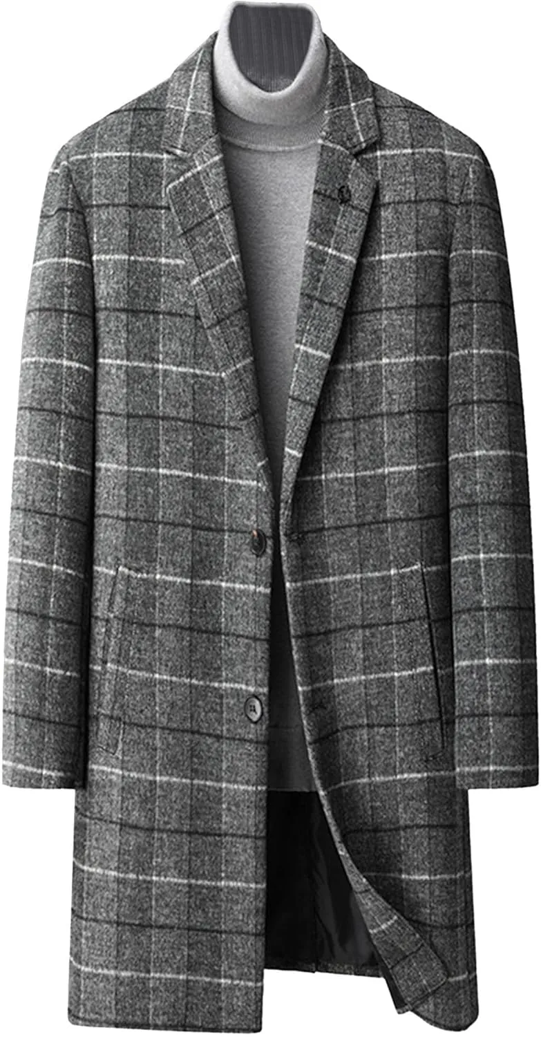 Maiyifu-GJ Mens Plaid Trench Coat Winter Single Breasted Wool Blend Top Pea Coat Classic Stylish Business Overcoat