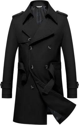 Men's Double Breasted Long Trench Coat Slim Fit Mid Long Belted Windbreaker Stylish Lapel Overcoat with Pocket