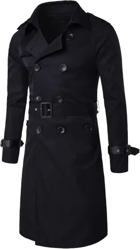Men's Double Breasted Long Trench Coat Slim Fit Mid Long Belted Windbreaker Stylish Lapel Overcoat with Pocket