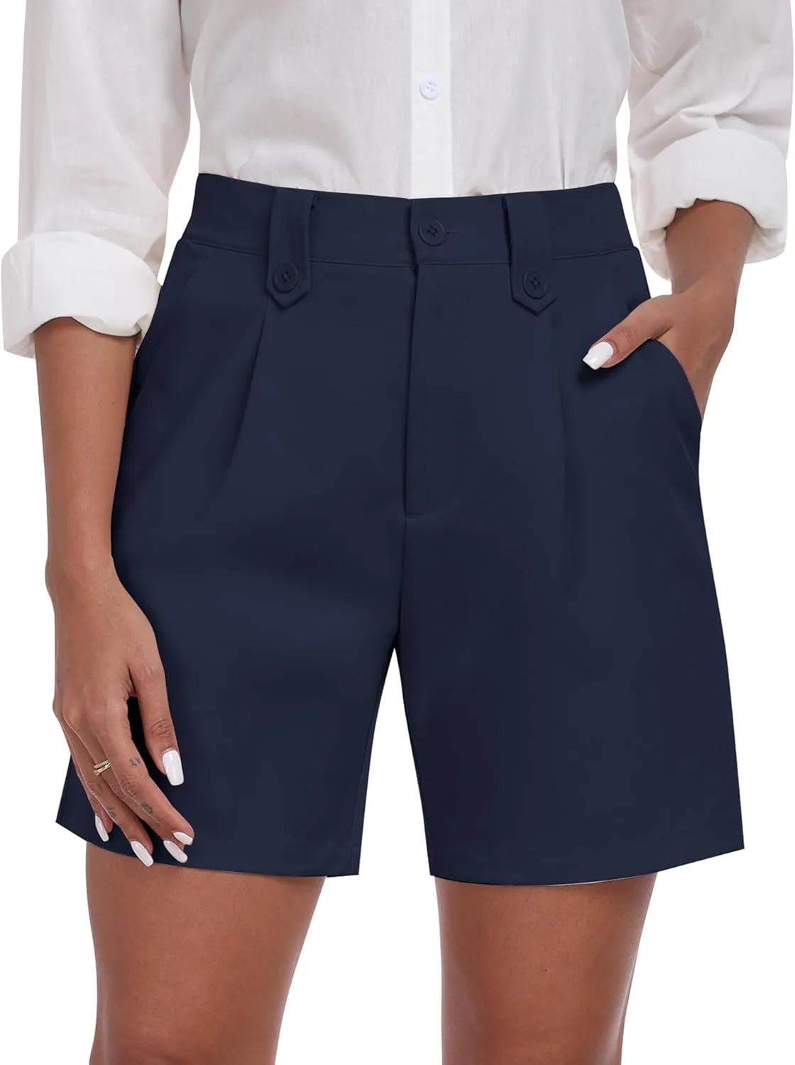 MoFiz Dress Shorts for Women Business Casual Summer Pleated Tailored Elastic Waist Work Office Trouser Shorts with Pockets