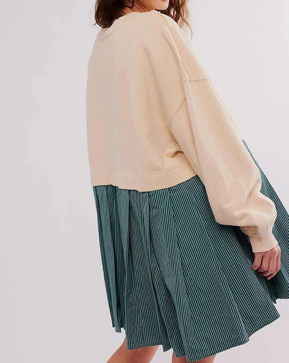 Oversized Sweatshirt Dress Women Striped Long Sleeve Patchwork Pullover Top Flowy Pleated Mini Dress